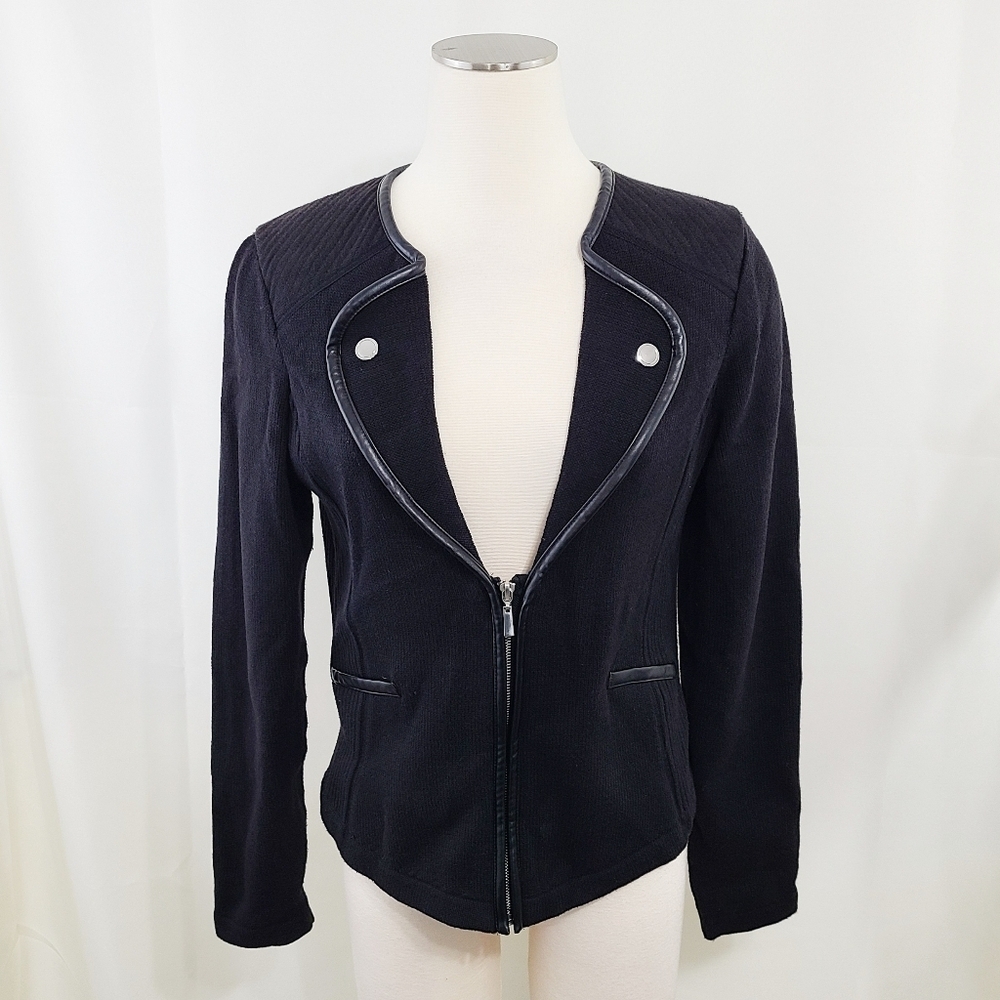 White House Black Market black sweater jacket leather trim size large